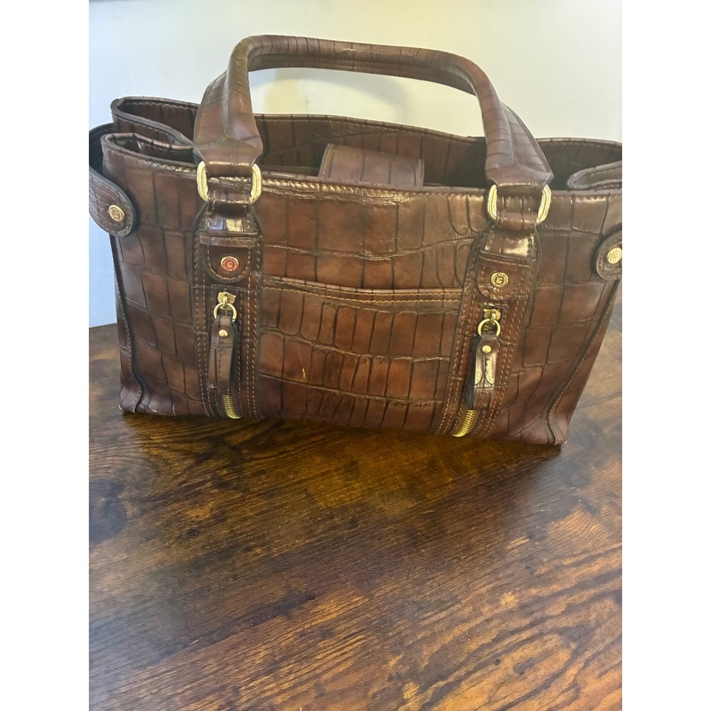 Vintage Liz Claiborne Brown Croc Embossed Faux Leather Satchel Handbag 15x8x4